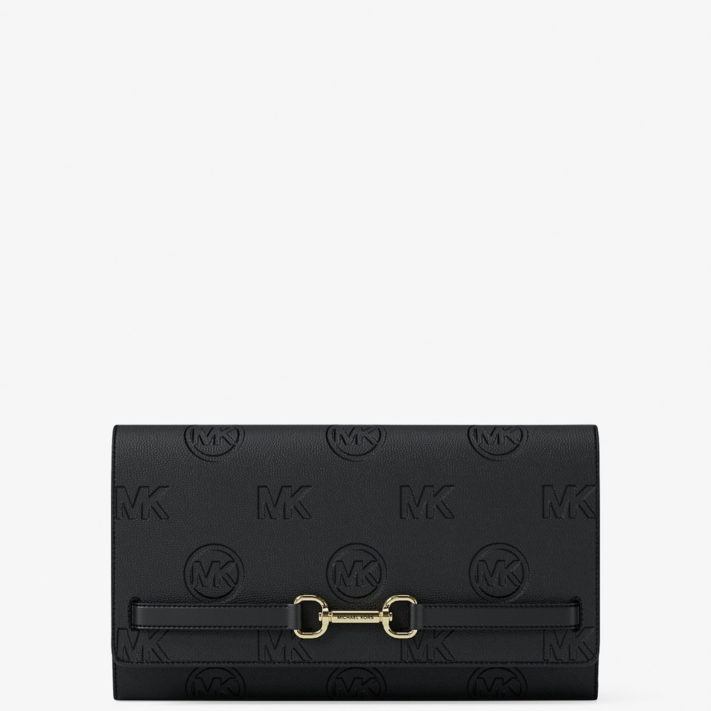 Michael Kors Black Embossed MK Leather Clutch with Gold Hardware